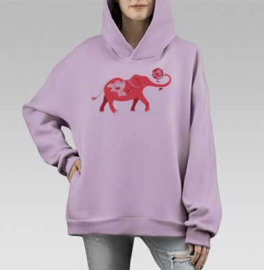 Супер слоны с розами, Hoodie Mono Fiolet, оверсайз, утепленная