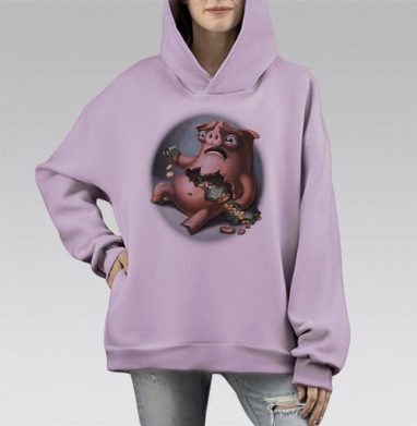 Свинья копилка., Hoodie Mono Fiolet, оверсайз, утепленная