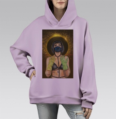 Святая Карантинка с защитными перчатками COVID 19, Hoodie Mono Fiolet, оверсайз, утепленная