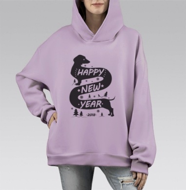 Такса новый год, Hoodie Mono Fiolet, оверсайз, утепленная
