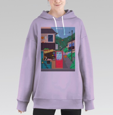 Тихий городской прилавок с задумчивой продавщицей на фоне зелени, Hoodie Long Oversize Fiolet
