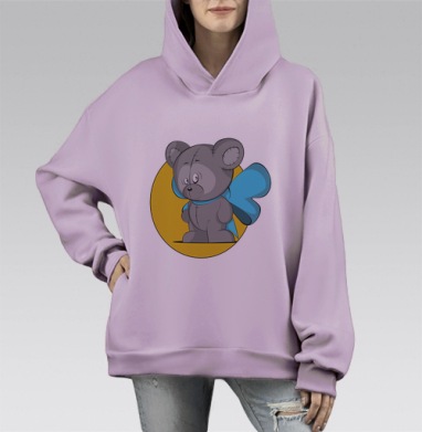 Мягкий мишка с голубой лентой и эмоциональным лицом, Hoodie Mono Fiolet, оверсайз, утепленная