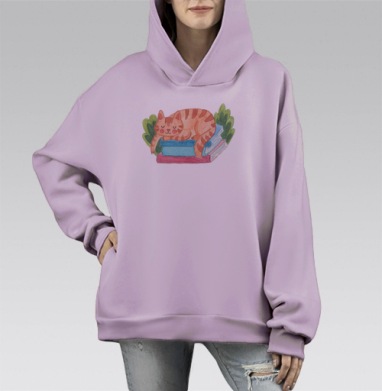 Уютный акварельный кот на книгах, Hoodie Mono Fiolet, оверсайз, утепленная