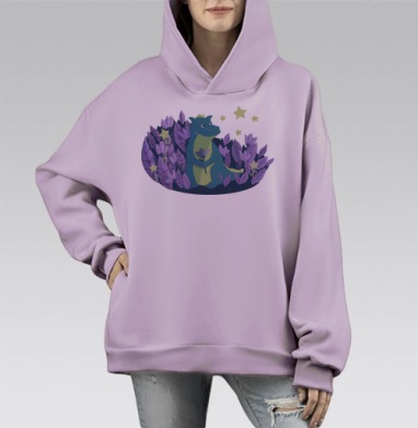 Милый динозавр с цветком и фиолетовыми листьями, Hoodie Mono Fiolet, оверсайз, утепленная