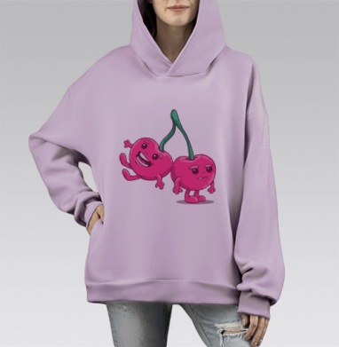 Веселая и усталая вишня дружба эмоции игра, Hoodie Mono Fiolet, оверсайз, утепленная