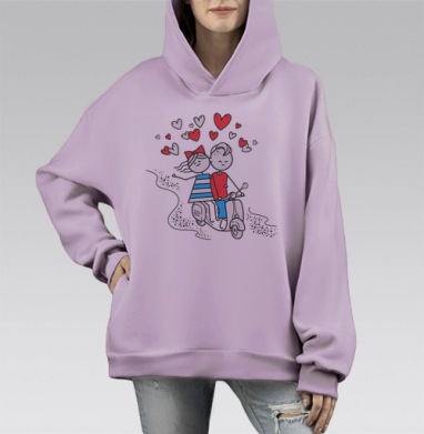 Веселая влюбленная пара едет на мопеде вдвоем, Hoodie Mono Fiolet, оверсайз, утепленная