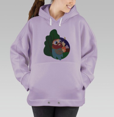 Весёлый бородатый человек с чашкой на природе ночного звездного неба, Hoodie Oversize Fiolet