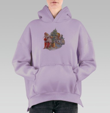 Весёлый Дед Мороз и снеговики у ёлки Новый Год вместе, Hoodie Oversize Fiolet, утепленная
