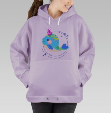 Веселый голубой кит с розовым рогом в волшебном море, Hoodie Oversize Fiolet