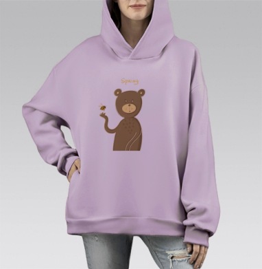 Весенний медведь с пчелой и надписью весна на фоне, Hoodie Mono Fiolet, оверсайз, утепленная