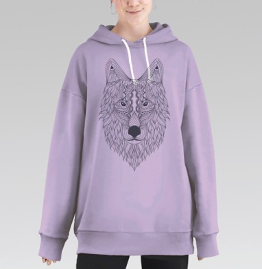 Волк с узорами в стиле зентангл черно-белый мир узоров, Hoodie Long Oversize Fiolet