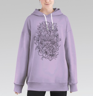 Японская маска с драконом - линия, Hoodie Long Oversize Fiolet