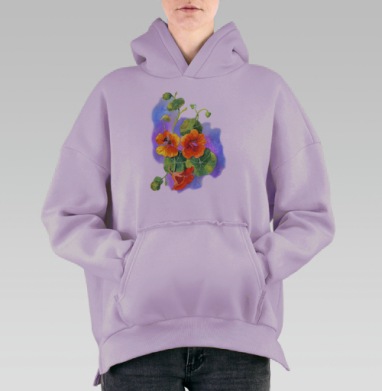 Яркие Оранжевые Цветы Настурции Зеленые Листья, Hoodie Oversize Fiolet, утепленная