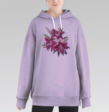 Яркие розовые лилии с зелёными листьями на белом фоне, Hoodie Long Oversize Fiolet