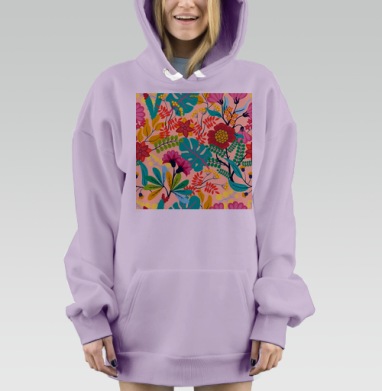 Яркий Цветочный Коллаж с Листьями на Светлом Фоне, Hoodie Mjhigh Dig Mel, Fiolet, утепленная