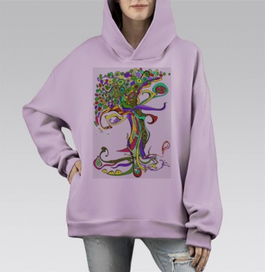 Яркое Древо Жизни с Абстрактными Кругами, Hoodie Mono Fiolet, оверсайз, утепленная