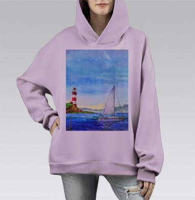 Яхта и маяк в море, Hoodie Mono Fiolet, оверсайз, утепленная