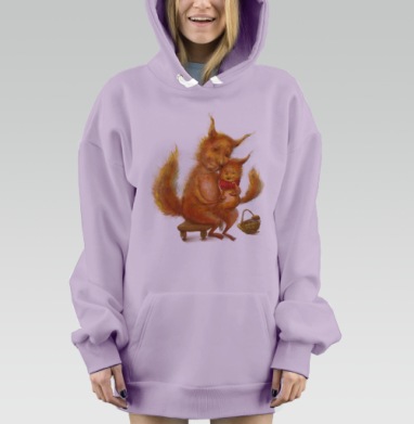 Заботливая мама белка с бельчонком на скамье, Hoodie Mjhigh Dig Mel, Fiolet, утепленная