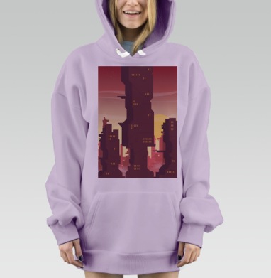 Закат над футуристическими городскими зданиями в пурпурных тонах, Hoodie Mjhigh Dig Mel, Fiolet, утепленная