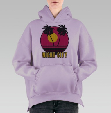 Закат вечер пальмы город Night City, Hoodie Oversize Fiolet, утепленная