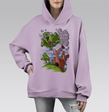 Зеленый монстр разрушает дом яркая динамика ДОМ НАС БЕРЕЖЁТ, Hoodie Mono Fiolet, оверсайз, утепленная