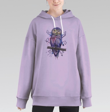 Акварельная сова с абстрактными графическими элементами, Hoodie Long Oversize Fiolet