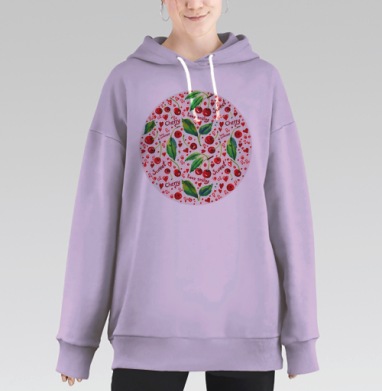 Акварельные вишни и листья летнего настроения, Hoodie Long Oversize Fiolet