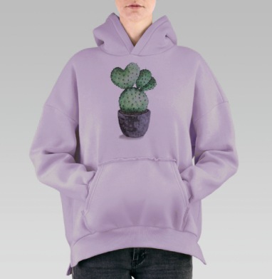 Акварельный кактус в форме сердца, Hoodie Oversize Fiolet, утепленная