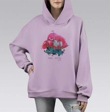 Акварельный парусник MARE DENTRO в морской стилистике, Hoodie Mono Fiolet, оверсайз, утепленная