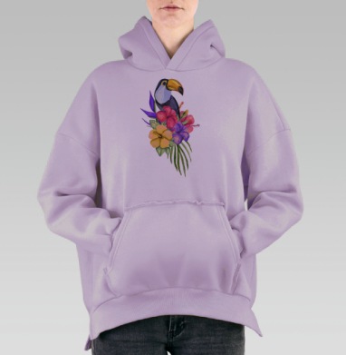 Акварельный тукан в тропическом цветочном букете, Hoodie Oversize Fiolet, утепленная