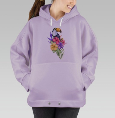 Акварельный тукан в тропическом цветочном букете, Hoodie Oversize Fiolet