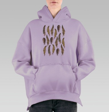 Акварельный узор из уникальных перьев, Hoodie Oversize Fiolet, утепленная