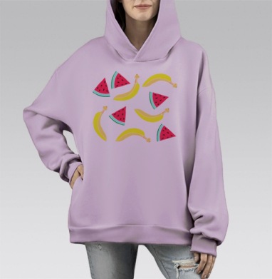 Бананы и арбузы принт, Hoodie Mono Fiolet, оверсайз, утепленная