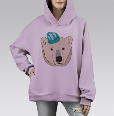 Белый медведь в голубой шапке, Hoodie Mono Fiolet, оверсайз, утепленная