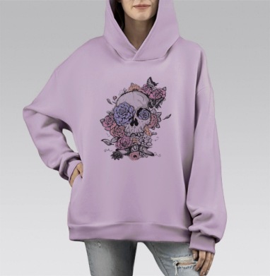 Череп с цветах, Hoodie Mono Fiolet, оверсайз, утепленная