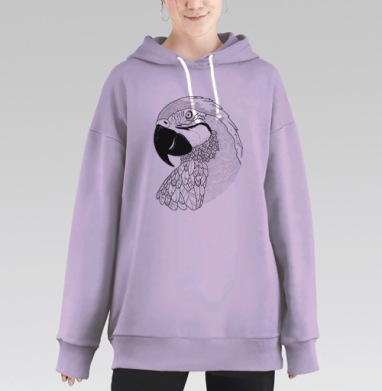 Чёрно-белый графический портрет попугая ара, Hoodie Long Oversize Fiolet