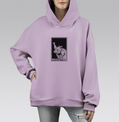Черно белый тревожный опоссум с поднятой лапой в прямоугольнике, Hoodie Mono Fiolet, оверсайз, утепленная