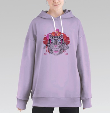 Цветочный узор с портретами тигров, Hoodie Long Oversize Fiolet
