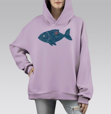 Декоративное панно с морской рыбой и яхтой, Hoodie Mono Fiolet, оверсайз, утепленная