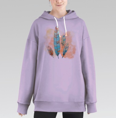 Декоративный орнамент с акварельными перьями, Hoodie Long Oversize Fiolet