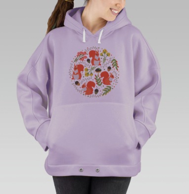Декоративный орнамент с белками и цветами, Hoodie Oversize Fiolet