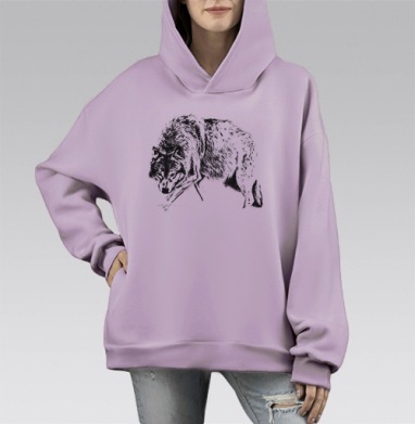 Детализированный карандашный рисунок волка, Hoodie Mono Fiolet, оверсайз, утепленная
