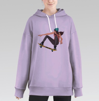 Девушка на скейтборде в полёте свободы, Hoodie Long Oversize Fiolet