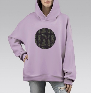 Еловые веточки на черном фоне, Hoodie Mono Fiolet, оверсайз, утепленная