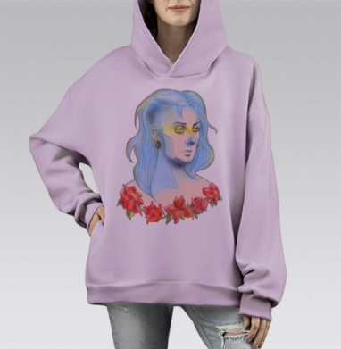 Эмоциональный портрет с розами в стиле поп-арт, Hoodie Mono Fiolet, оверсайз, утепленная