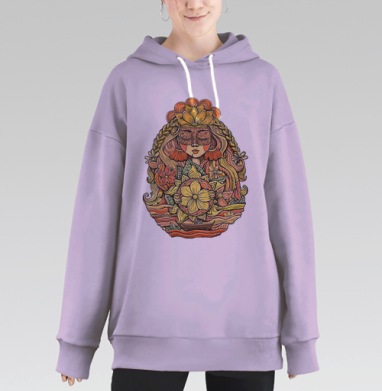 Этнический цветочный арт портрет женщины, Hoodie Long Oversize Fiolet