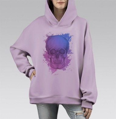 Фиолетово-голубой череп с акварельными брызгами, Hoodie Mono Fiolet, оверсайз, утепленная