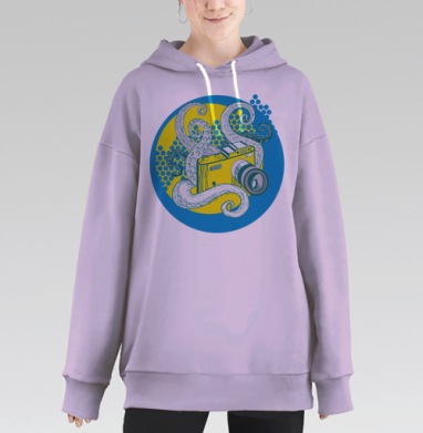 Фотоаппарат с осьминогом – креативный арт, Hoodie Long Oversize Fiolet