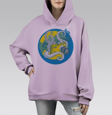 Фотоаппарат с осьминогом – креативный арт, Hoodie Mono Fiolet, оверсайз, утепленная