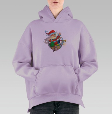 Футуристический Санта с подарками на мотоцикле, Hoodie Oversize Fiolet, утепленная